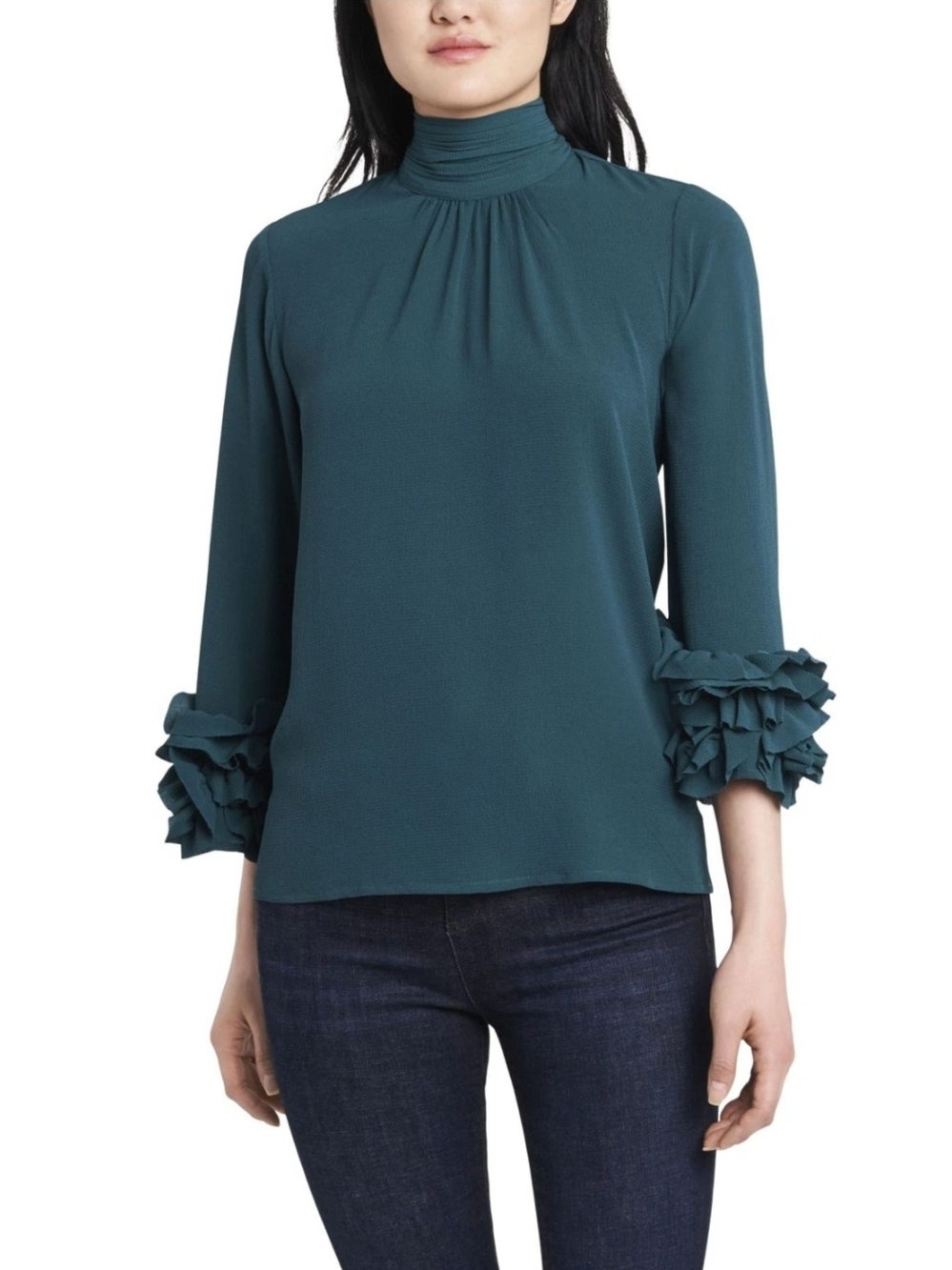 Vince Camuto High-Neck Ruffle Cuff Blouse - Teal